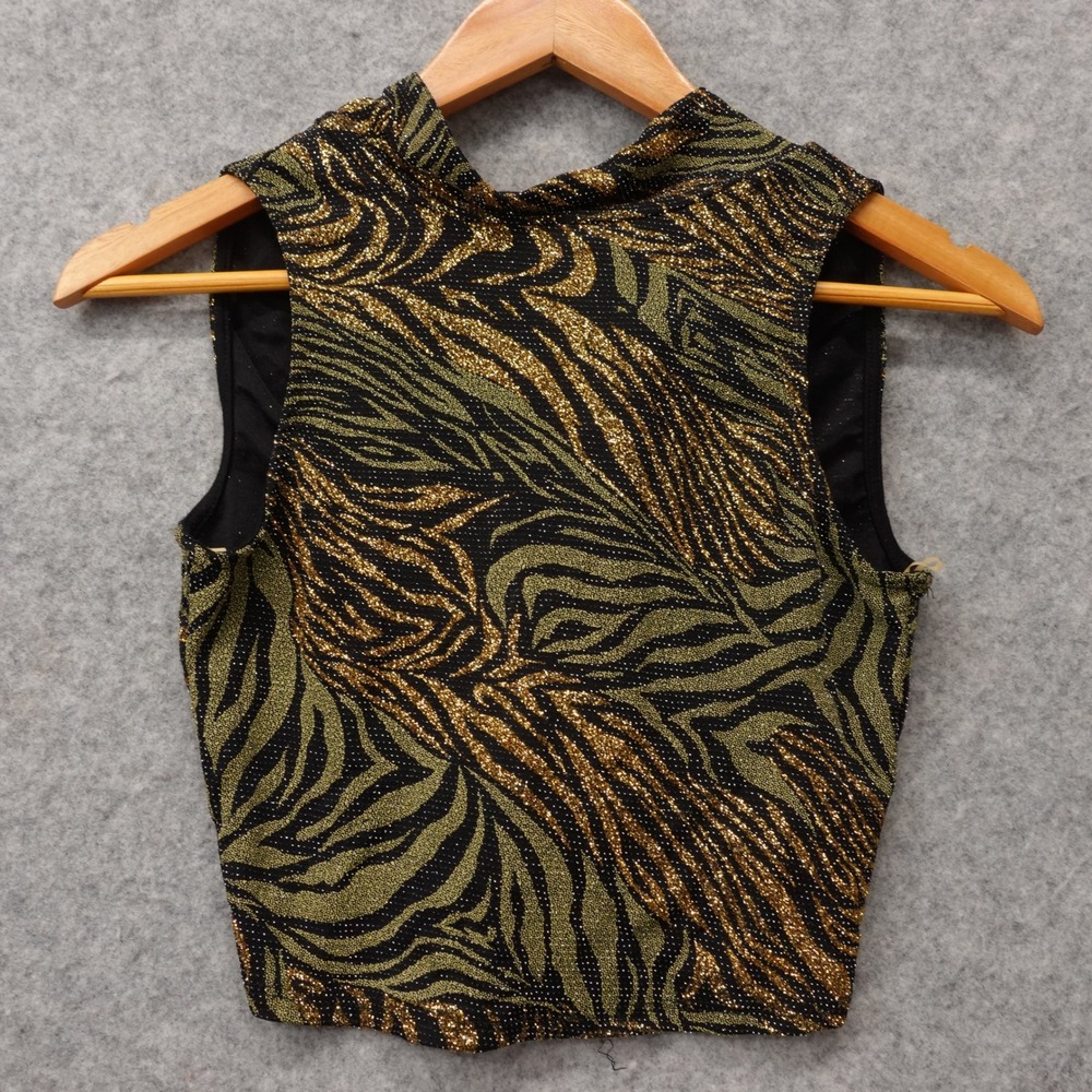 Vintage Y2K Cyber Grunge Crop Top Women S Green Metallic Zebra Glitter Party USA